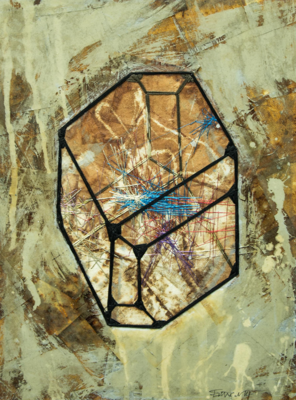 Close-up of a geometric wire sculpture mounted on a textured, abstract background.