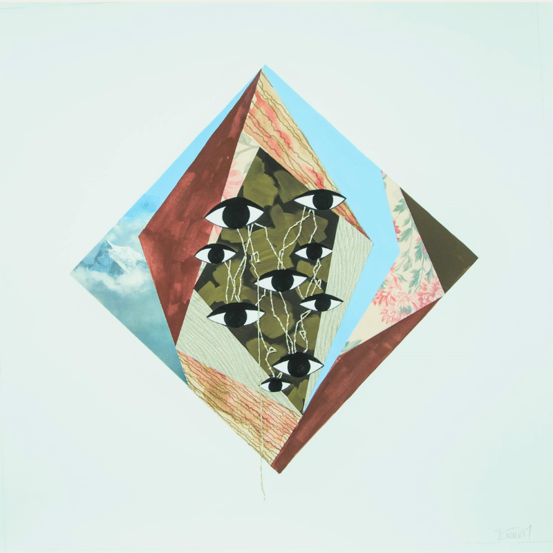 An abstract collage featuring diamond-shaped layers with printed textures, a cloud sky background, and black eye illustrations connected by white lines.