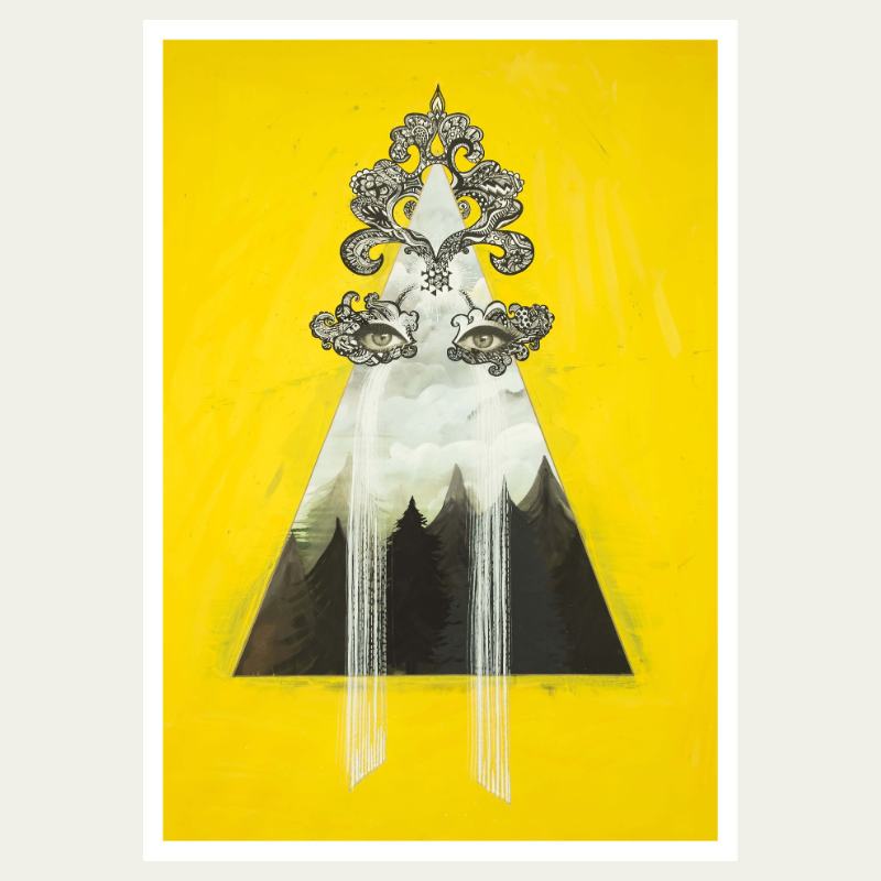 An abstract digital artwork depicting a mountain scene with waterfalls, clouds, and forest inside triangle shape with a yellow background, decorated with intricate, stylized designs and eyes at the top.