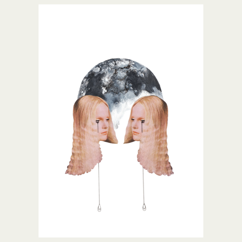 Surreal collage of two women with long blonde hair and tears on their cheeks, facing each other, with a large moon or Earth in the background.