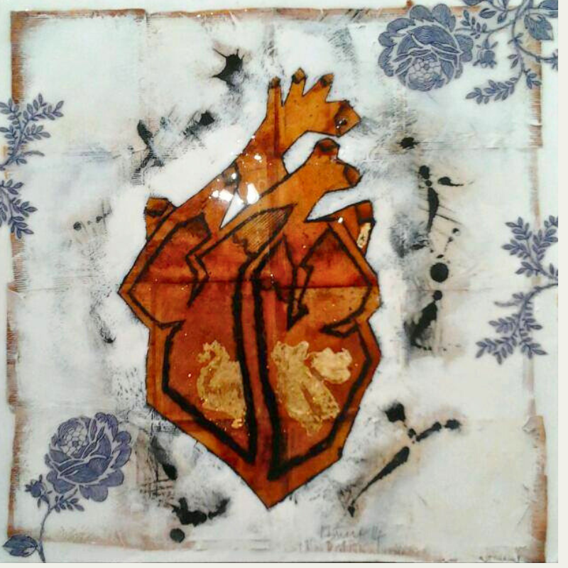 Mix media art of an anatomical heart on a white background, layered with blue floral accents.