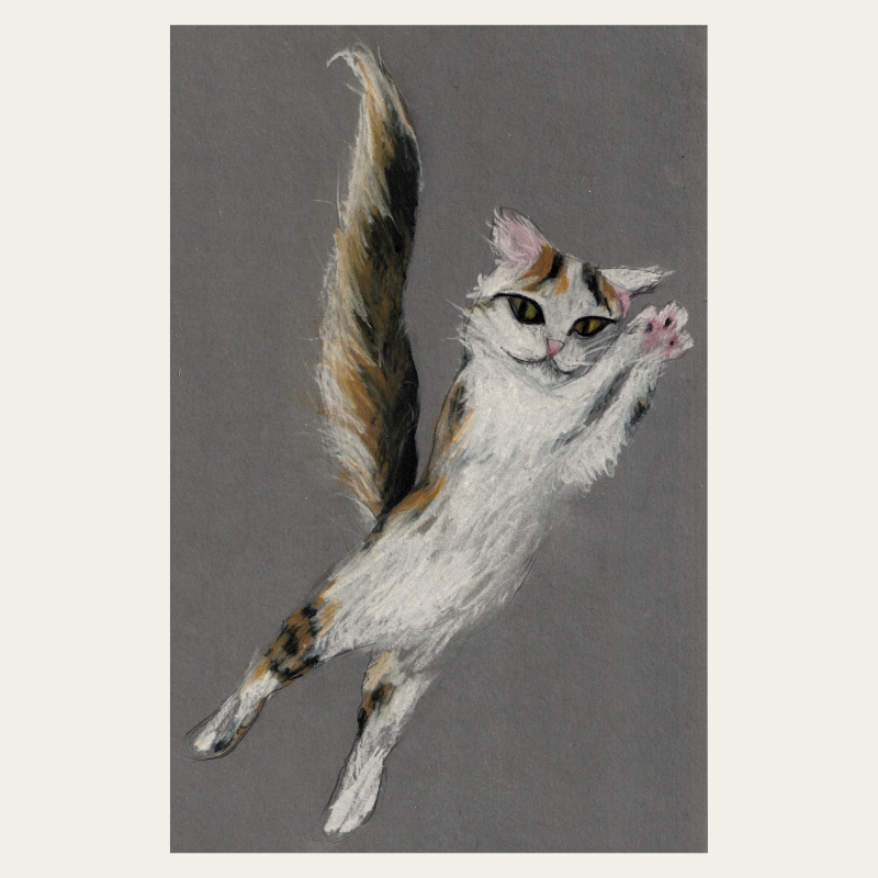 A painting of a cat, mid-leap with one paw raised, on a gray background, with a fluffy tail and primarily white fur with orange and black patches.
