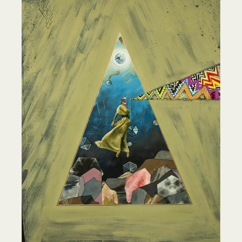 Mixed media artwork painted inside a triangular opening, depicting a woman floating in a surreal landscape with geometric shapes, colorful patterns, and a moon in the sky.