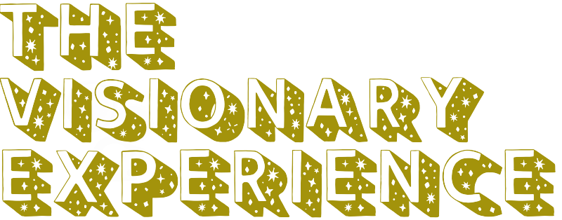 Text reads 'The Visionary Experience' in yellow letters with black outline and star patterns, on a black background with white circles.