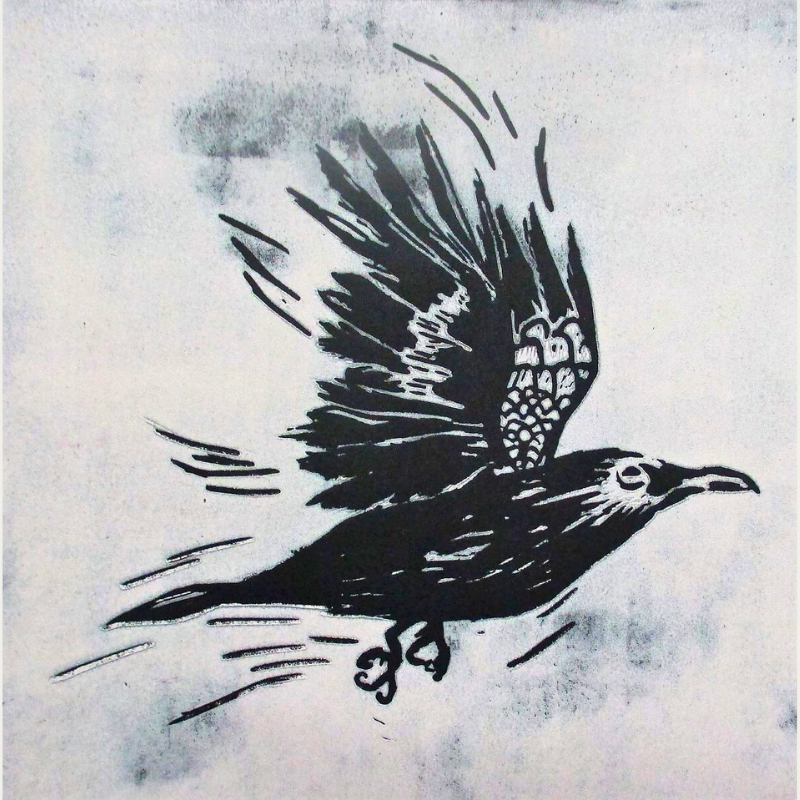 Lino cut art of a raven with wings, on a light-colored abstract sky