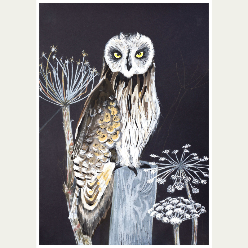 A painting of an owl perched on a tree stump, with stylized flowers around it, set against a dark background.