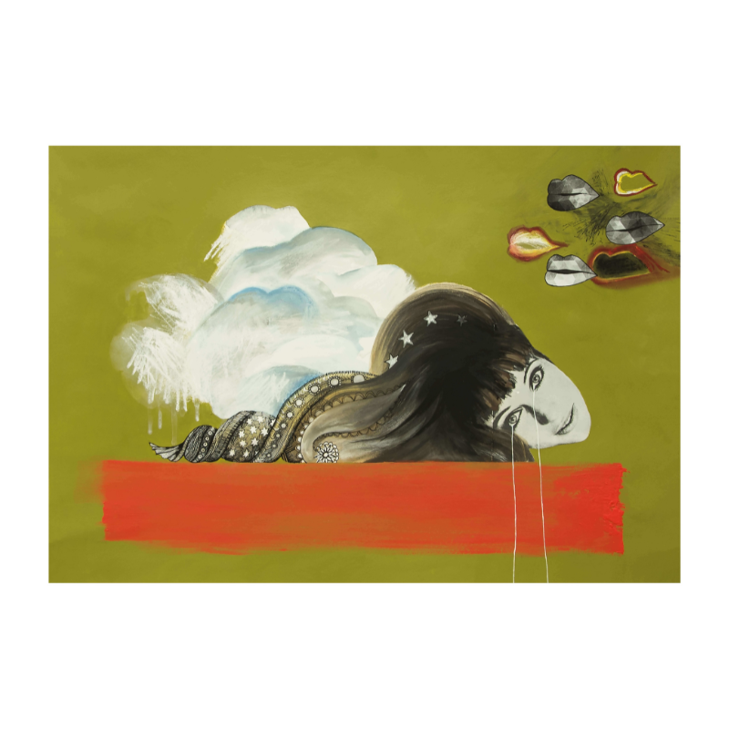 A surreal painting of a woman with long dark hair, lying on her side against an olive green background. To her left, a large cloud and several colorful, abstract shapes float above her head. Her hair has star patterns, and she has a serene expression