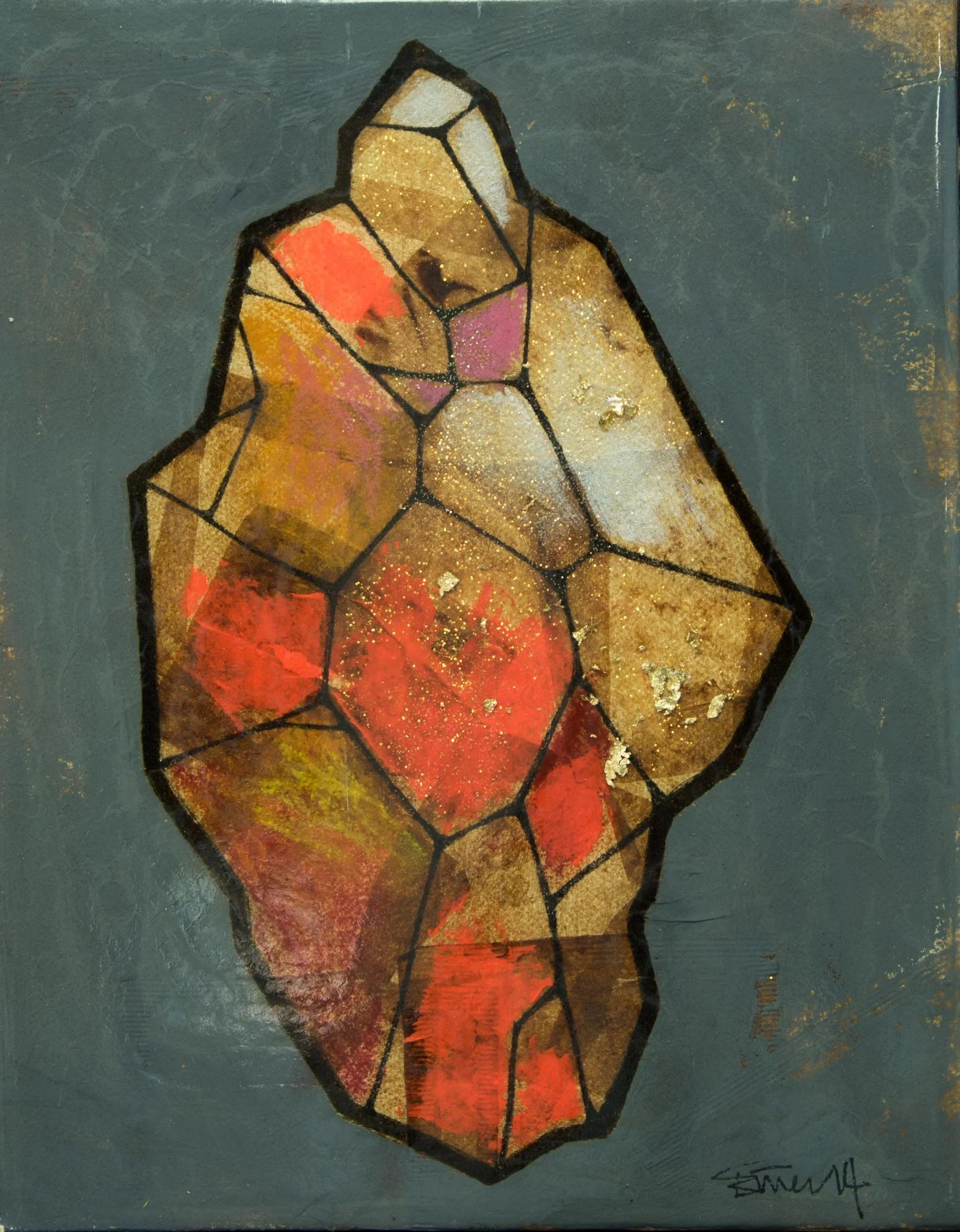 A stained glass art piece featuring a geometric, gemstone-like shape with shades of red, gold, and pink, outlined by black lines, set against a solid teal background.