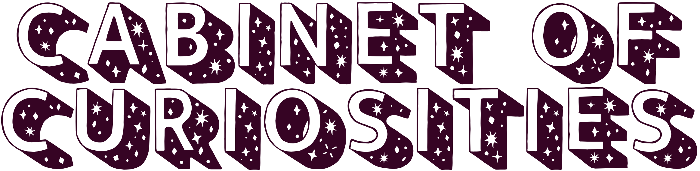 A decorative black graphic with the text 'Cabinet of curiosities' in stylized purple letters with star and dot patterns.