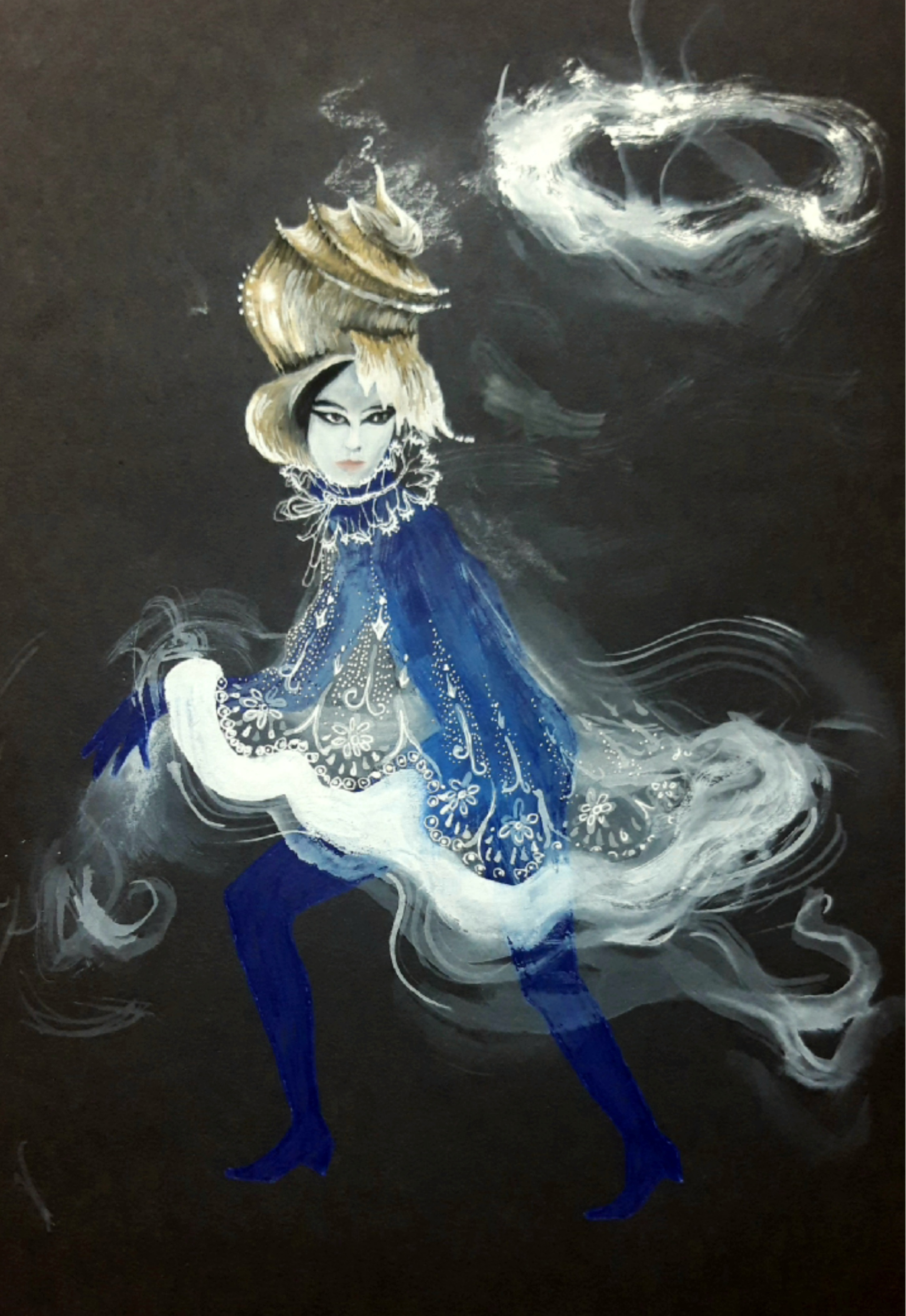 A surreal illustration of a woman with a large, intricate hat resembling a seashell, wearing a dark blue dress with white ornate patterns, standing against a dark background with swirling white smoke and a white cloud in the upper right.
