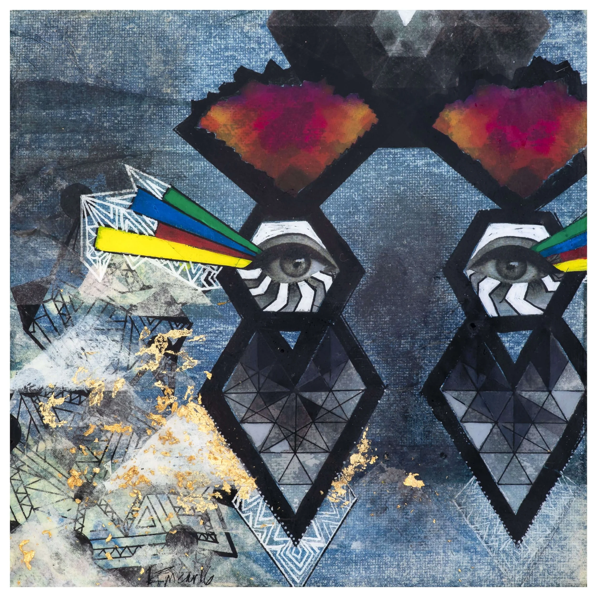 A mixed media painting featuring geometric shapes, two human eyes, and abstract elements, including colorful beams, honeycomb patterns, and textured background.