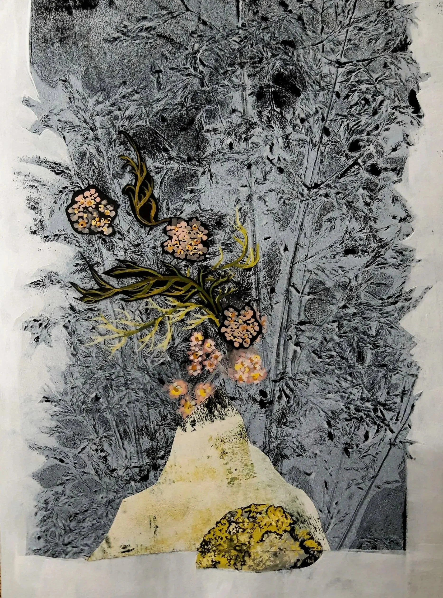 A mixed media artwork featuring a grayscale background of detailed leaf textures and branches, with a collage of colored flowers, yellow foliage, and a yellow and black patterned triangular vase shape in the foreground.