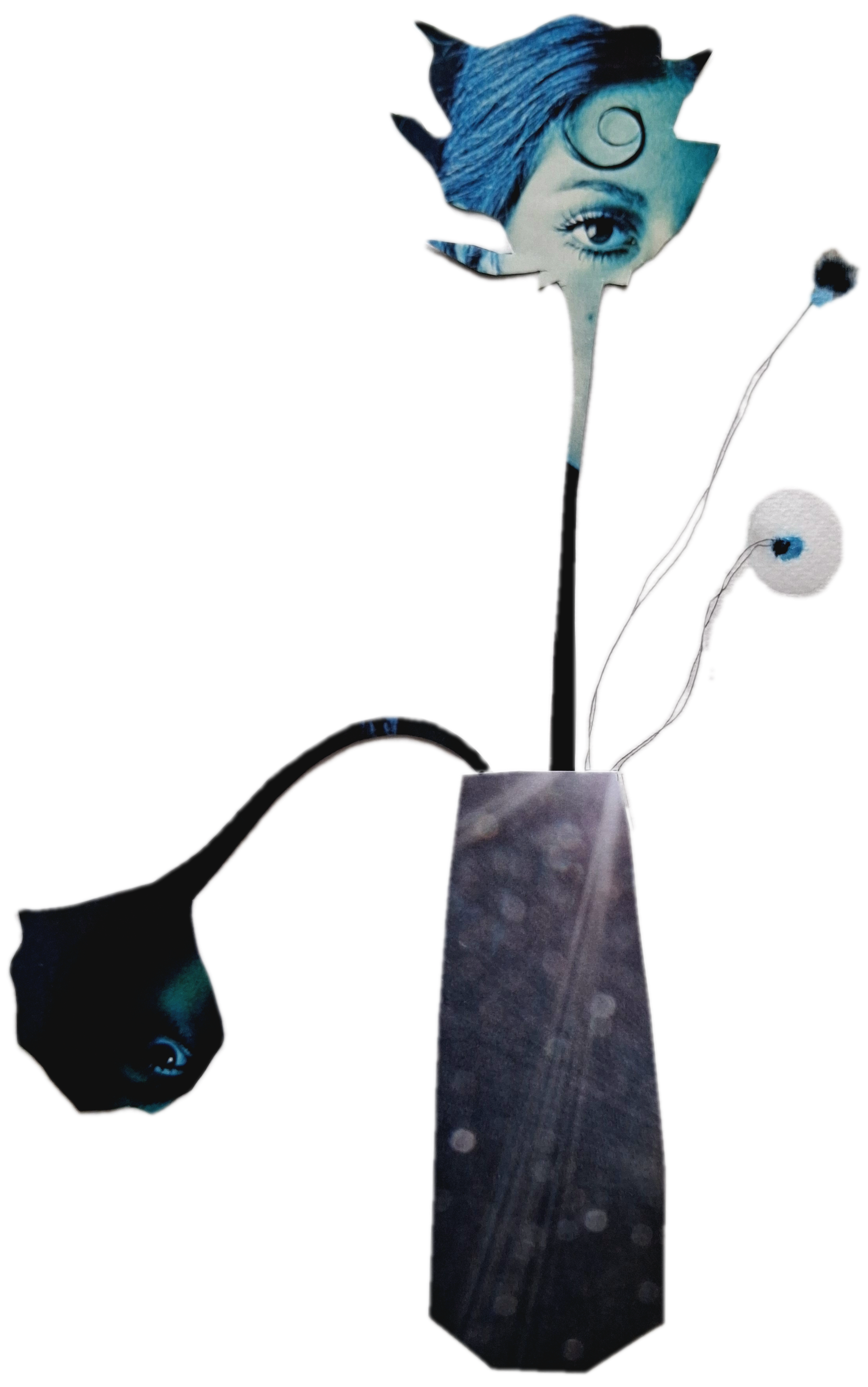 Mixed media artwork of a flower vase with a painted face and eye, featuring abstract and surreal design elements.