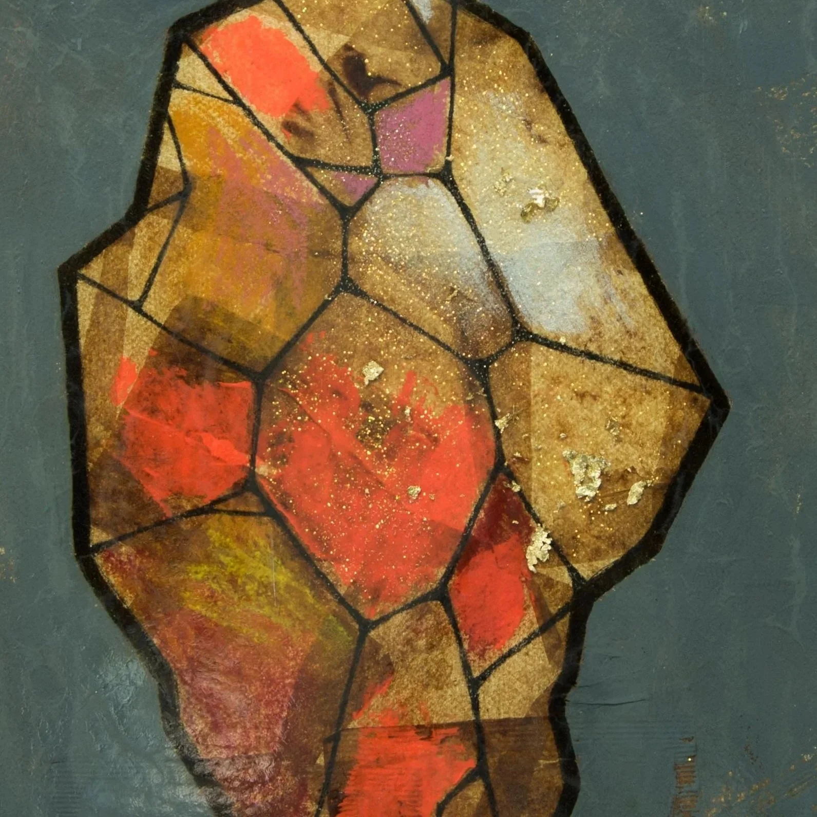 A colorful stained glass art piece featuring an abstract design with various shades of red, orange, yellow, gold, purple, and white, outlined in black.