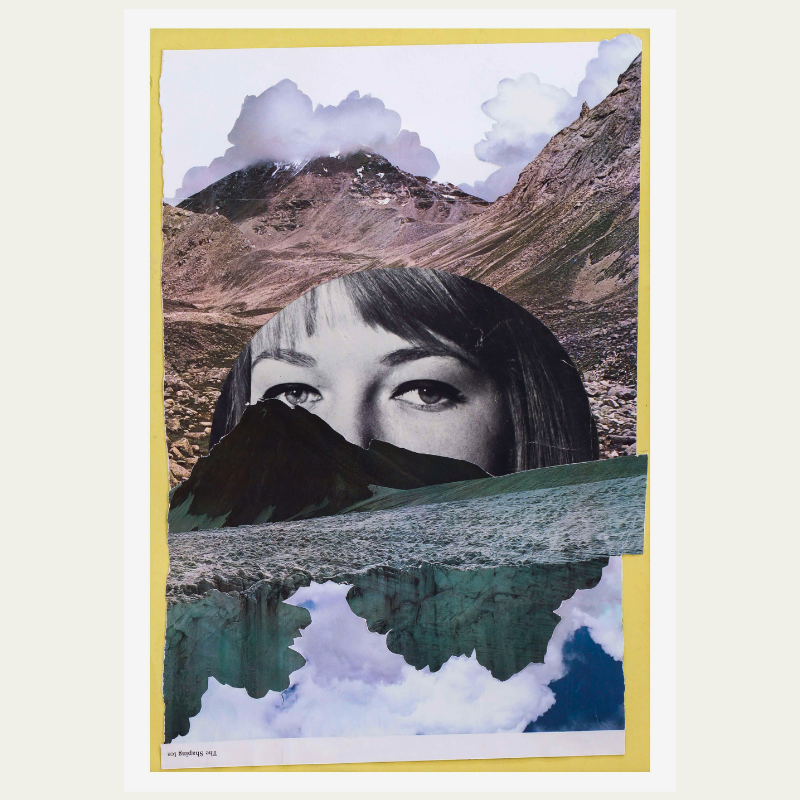Collage featuring a black and white photograph of a woman's eyes, overlaid on a reflecting mountainous landscape with clouds and a glacier.