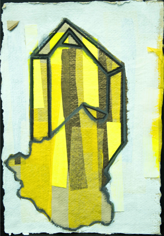 Abstract artwork of yellow quartz crystal with black outlines and yellow patches on torn paper.