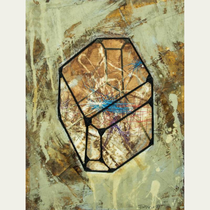 An abstract artwork featuring a geometric black outline of a 3D cube on a textured, mixed-media background with metallic and earthy tones, accented by colorful, thread-like lines inside.
