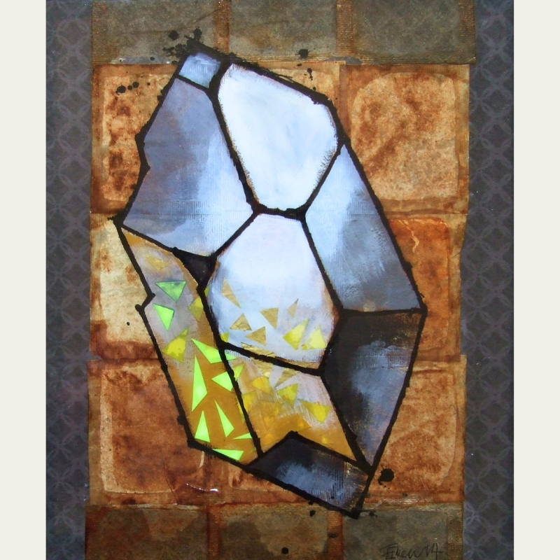 Abstract artwork featuring geometric shapes with metallic silver surfaces and black outlines, set on a background rof recycled tea bags with some floral-patterned borders.