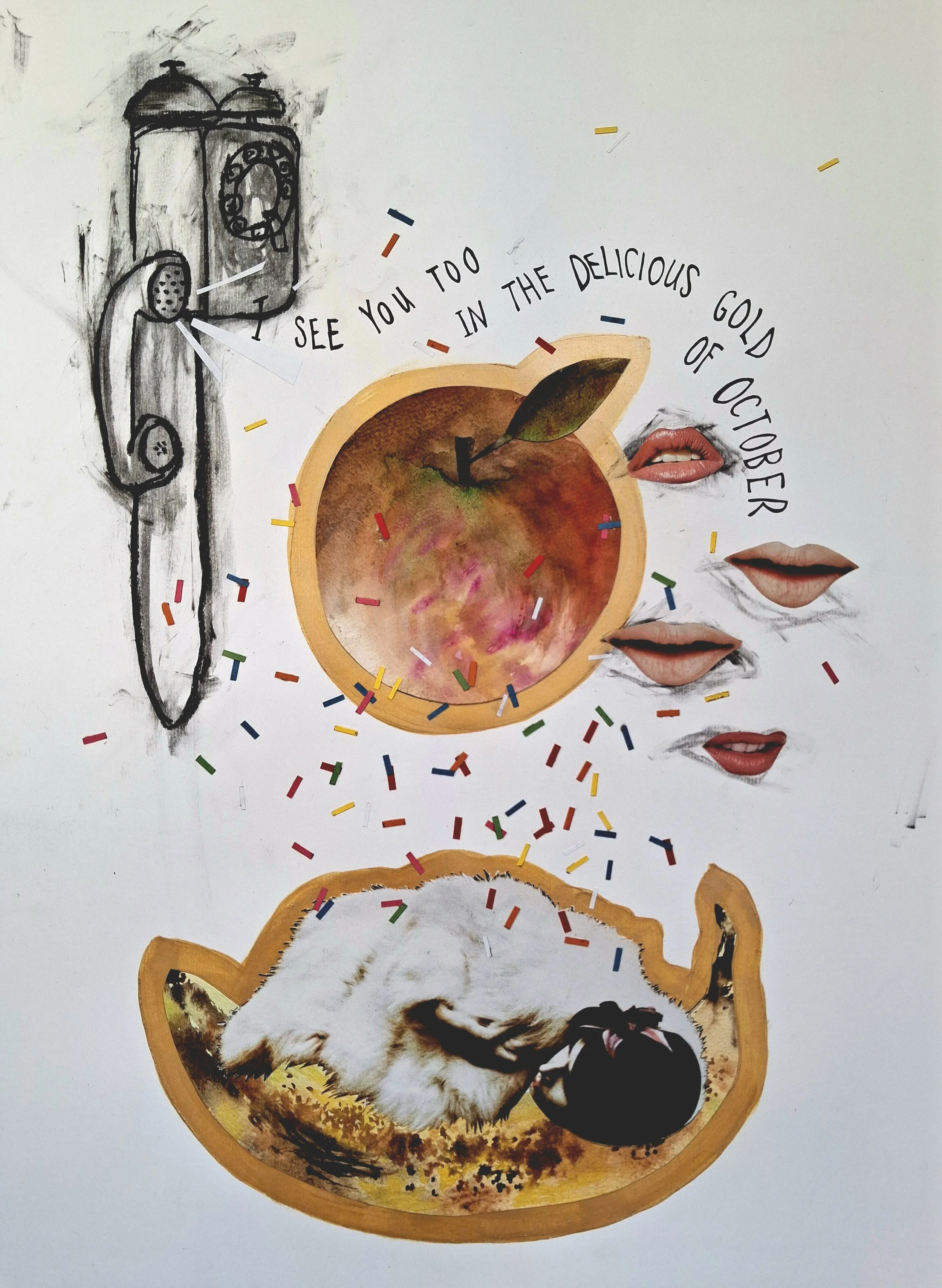 Mixed media collage featuring a black and white sketch of an old-fashioned telephone, a colorful apple with scribbled text reading "See You Too In The Delicious Gold Of October," cut-out lips, and a cut-out bird, all surrounded by scattered colorful confetti.