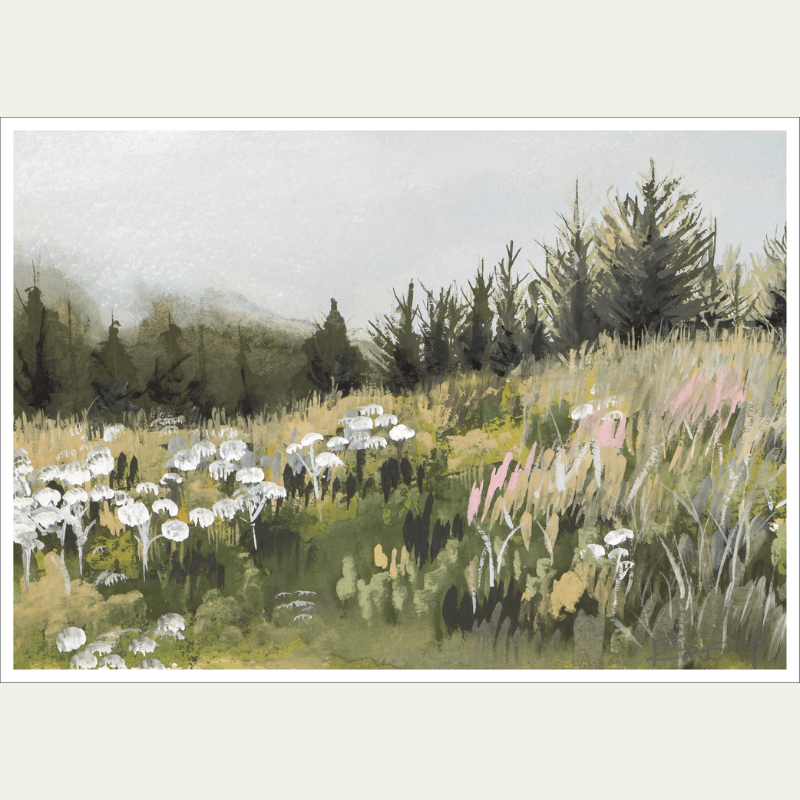 Watercolor painting of a grassy meadow with white and pink wildflowers and a line of pine trees in the background under an overcast sky.