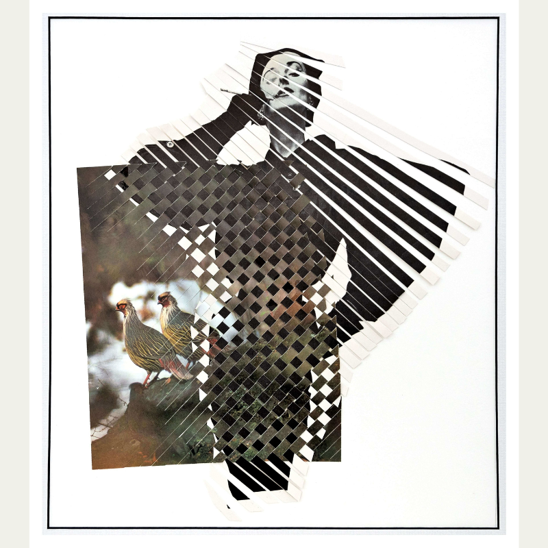 Mixed-media art collage combining a black-and-white photo of a woman with a cutout image of two birds on a branch, layered with cut strips of paper creating a spiral distortion effect.