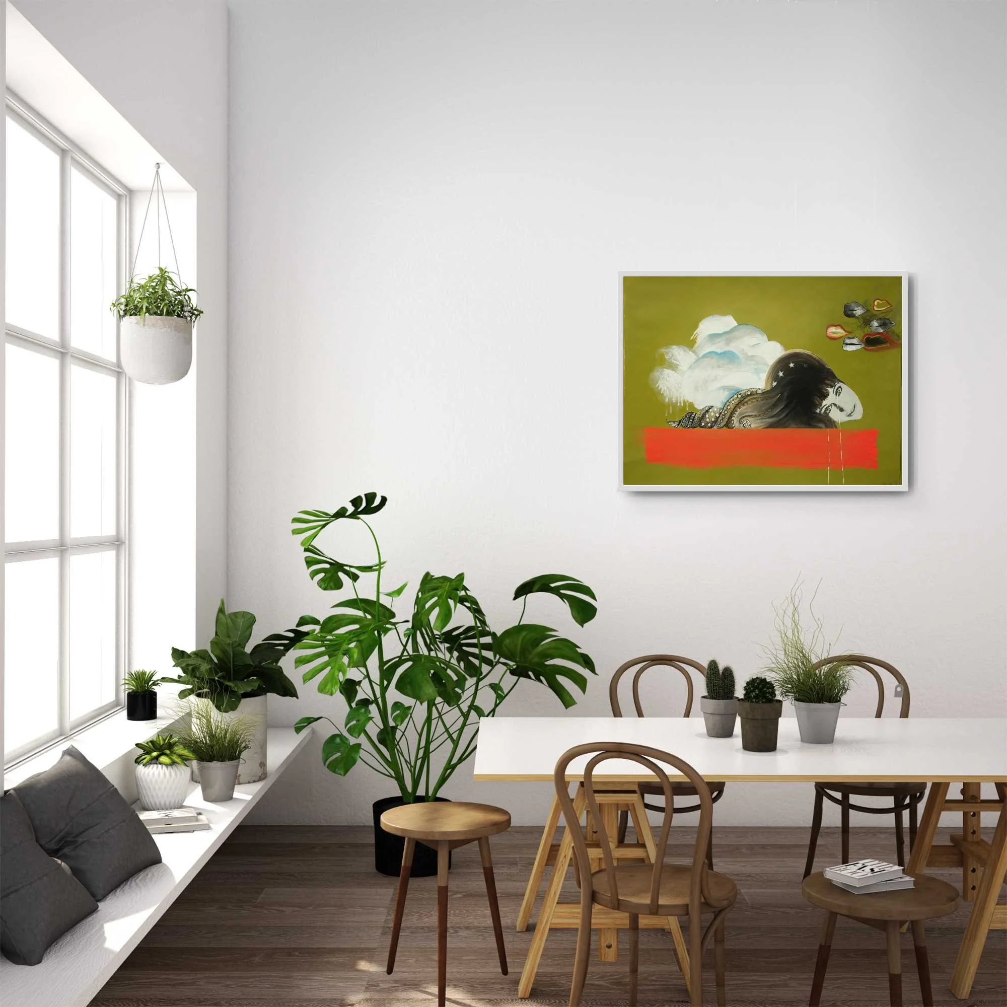 A modern dining room with white walls, wooden flooring, and a large window. The room features a white dining table with wooden chairs, potted plants on the table, and a large green plant in the corner. On the wall, there is a colorful, abstract painting of a girl with long hair, clouds, and floating objects.