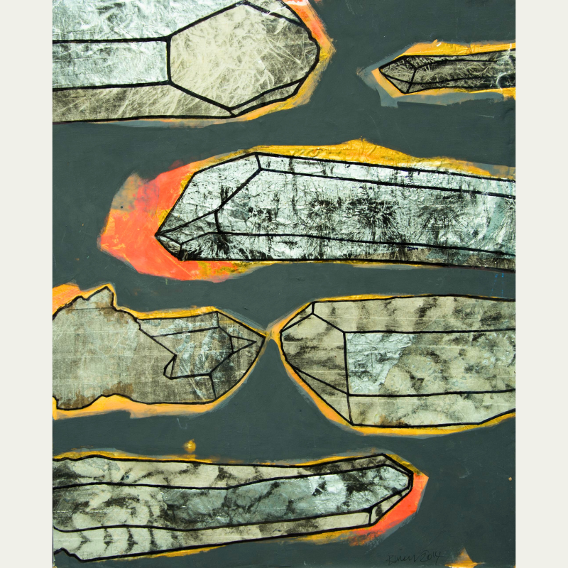 Abstract artwork featuring irregular, crystalline shapes with black outlines, tin foil and muted colors, set against a dark background with hints of orange and yellow accents.