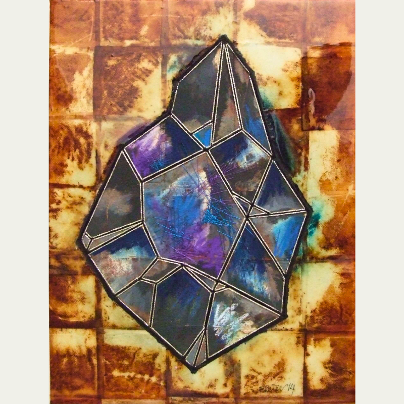 A stained glass art piece resembling a gemstone shape with various colorful panes, mounted on a recycled tea bags.