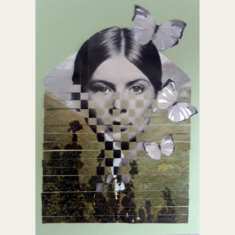 A collage woven paper art piece of a woman's face with butterflies and a landscape background.