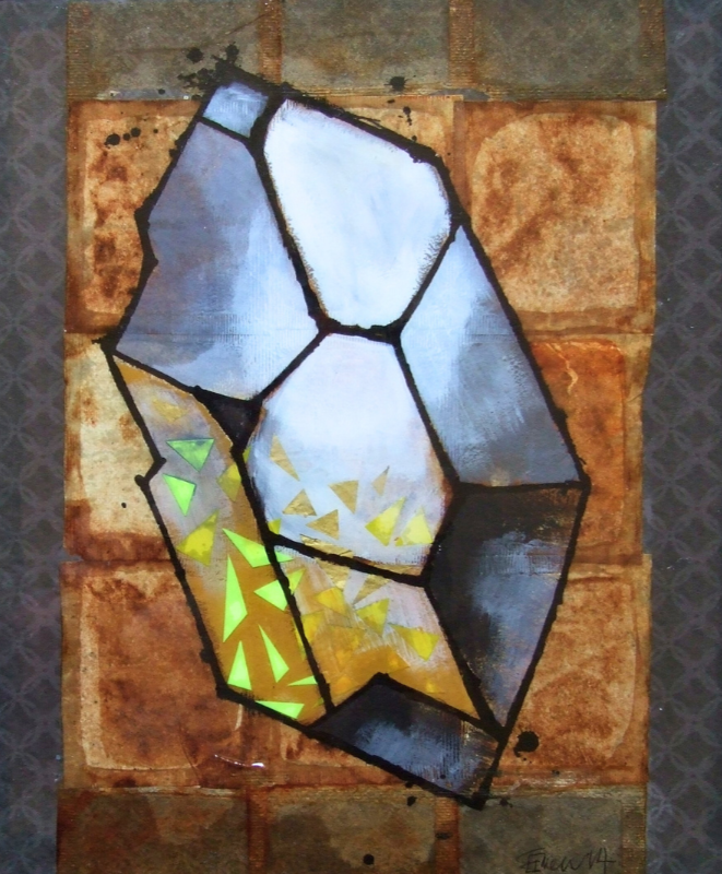 A mixed-media artwork depicting a geometric stone shape with illuminated green triangle patterns on a tea bag background.