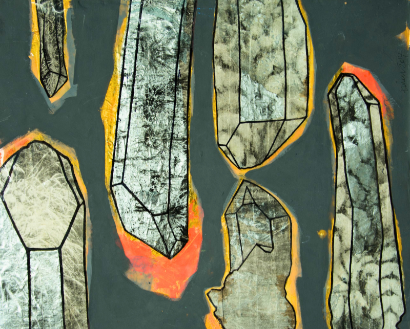 Abstract artwork featuring geometric crystal shapes outlined in black with yellow and orange accents on a dark gray background.
