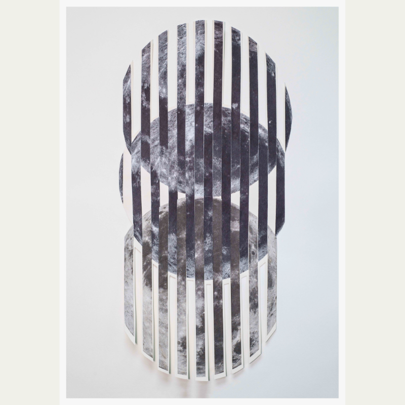 A collage artwork composed of vertical white slats arranged in an oval shape, with moon images visible through the gaps, creating a layered moon and sky visual effect.