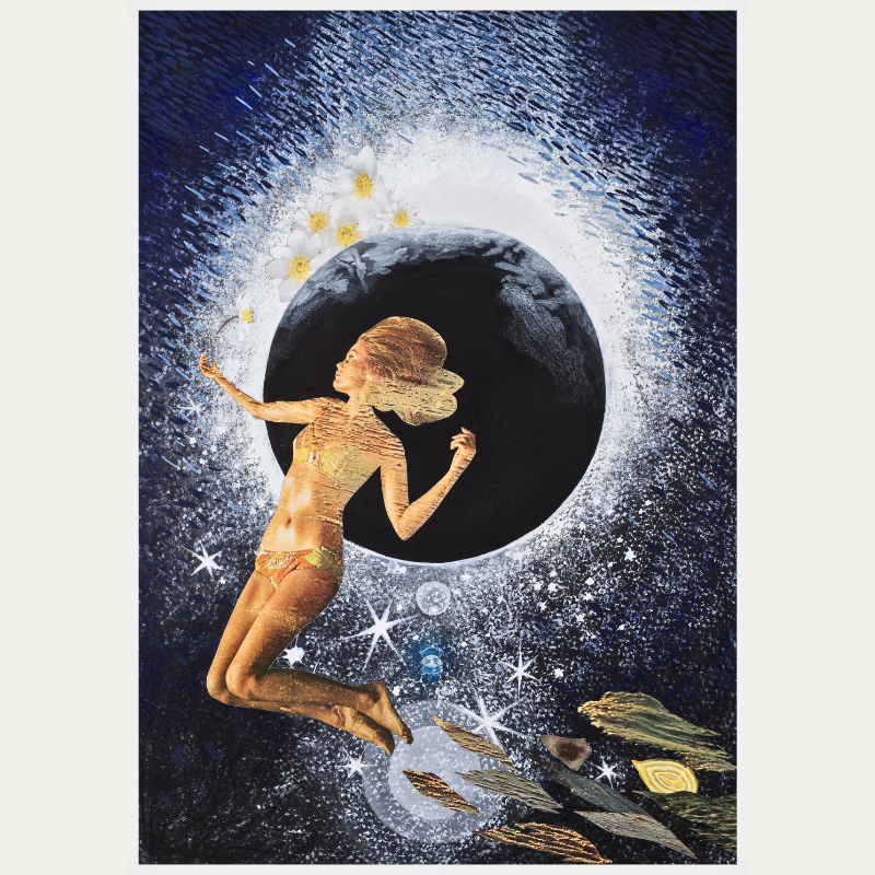 An artistic collage of a woman floating in space with a black moon behind her, surrounded by stars, flowers, and cosmic elements.