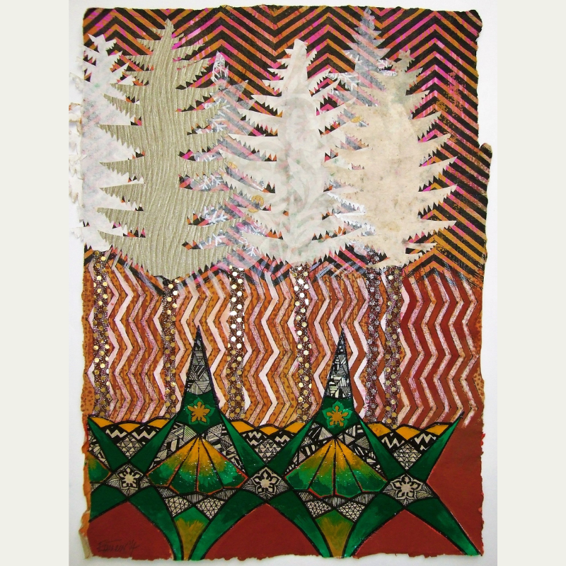 A colorful fabric artwork featuring three stylized trees with geometric trunks, set against a patterned background with zigzag and chevron designs in orange, black, pink, and white, and topped with white and beige foliage.