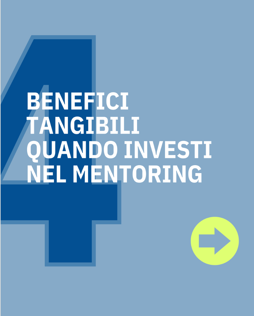 Text in Italian and English promoting mentoring: 'Benefit from Tangible Results When Investing in Mentoring' with a large blue number 4 and a green arrow icon to the right.