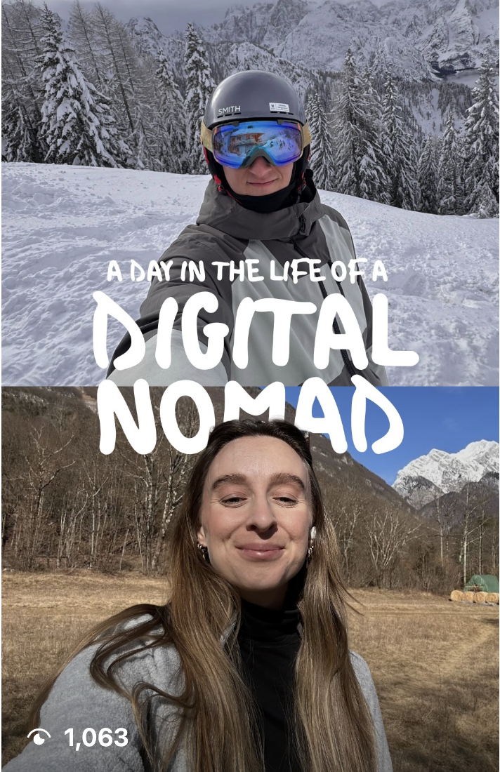 A person in winter gear, wearing a helmet and ski goggles, stands in a snowy mountain landscape with trees and mountains in the background. Below, a woman with long brown hair, wearing earbuds, outdoors in a grassy field with mountains in the distance.