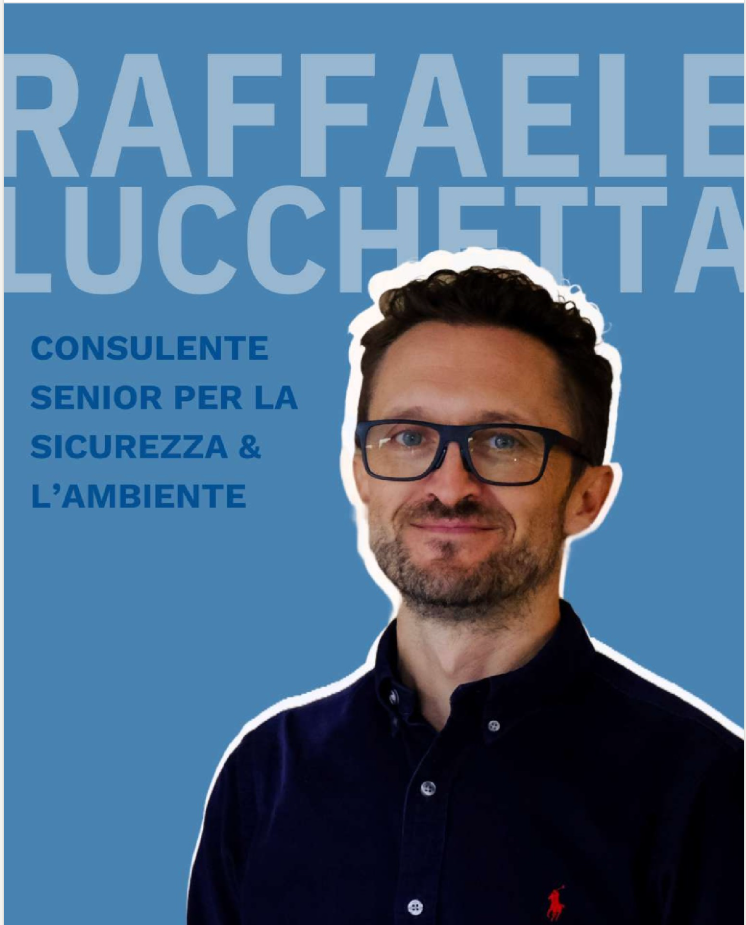 A man with dark hair and beard wearing glasses and a navy blue button-up shirt stands in front of a blue background with large text. The text includes the name 'Raffaele Luccheta' and titles in Italian indicating he is a senior consultant for safety and environment.