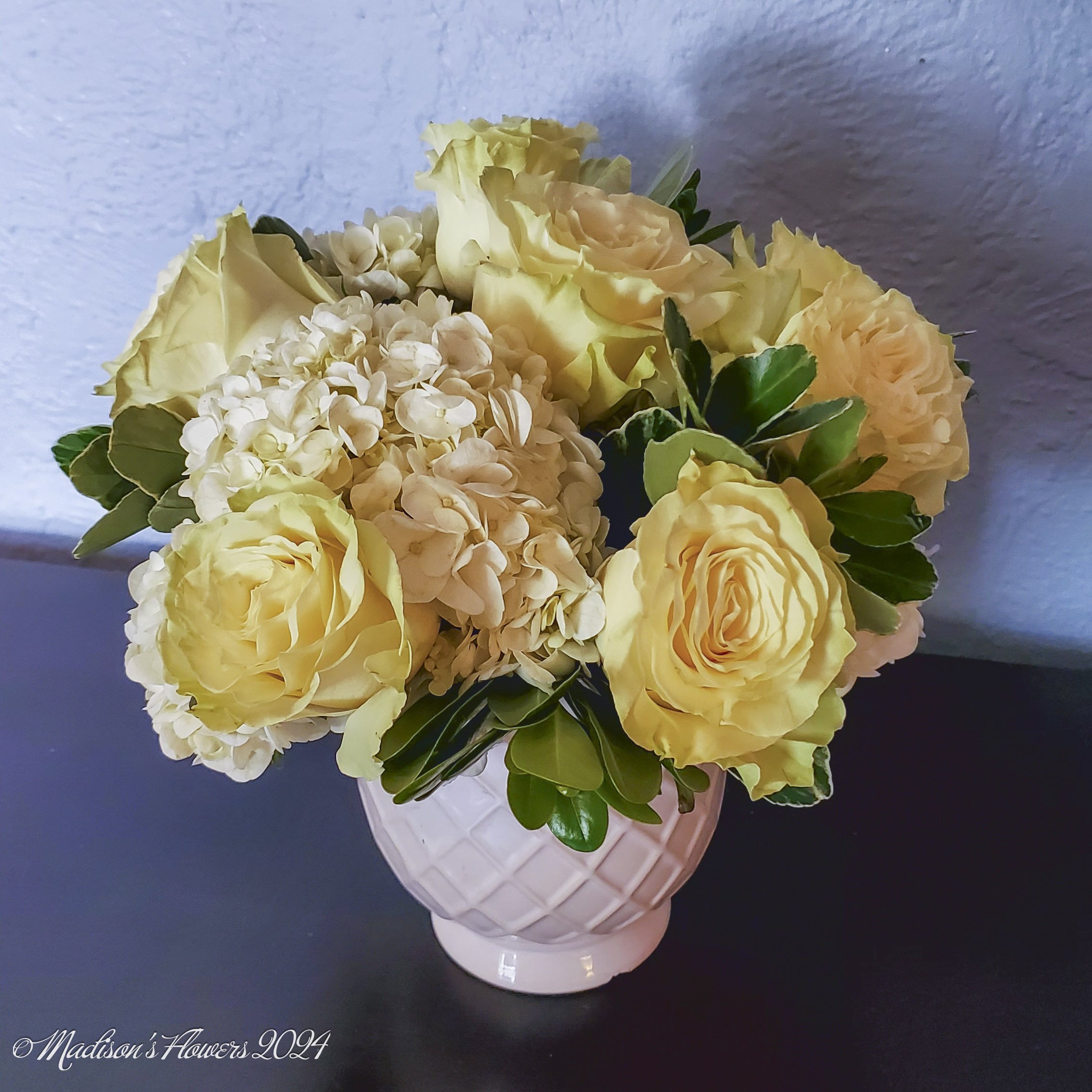 Cream, green pit and chartreuse kissed ruffled roses, ready for delivery in Hampton Roads! 