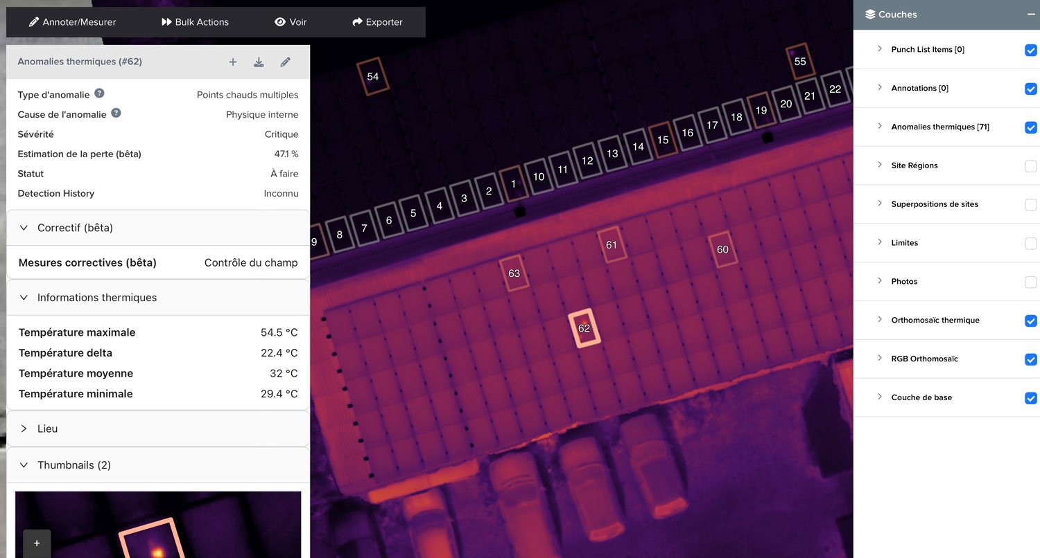 Ici l'interface utilisé pour rendre notre étude au client. Chaque défaillances des panneaux photovoltaïques sont localisés, expliqués et mesurées