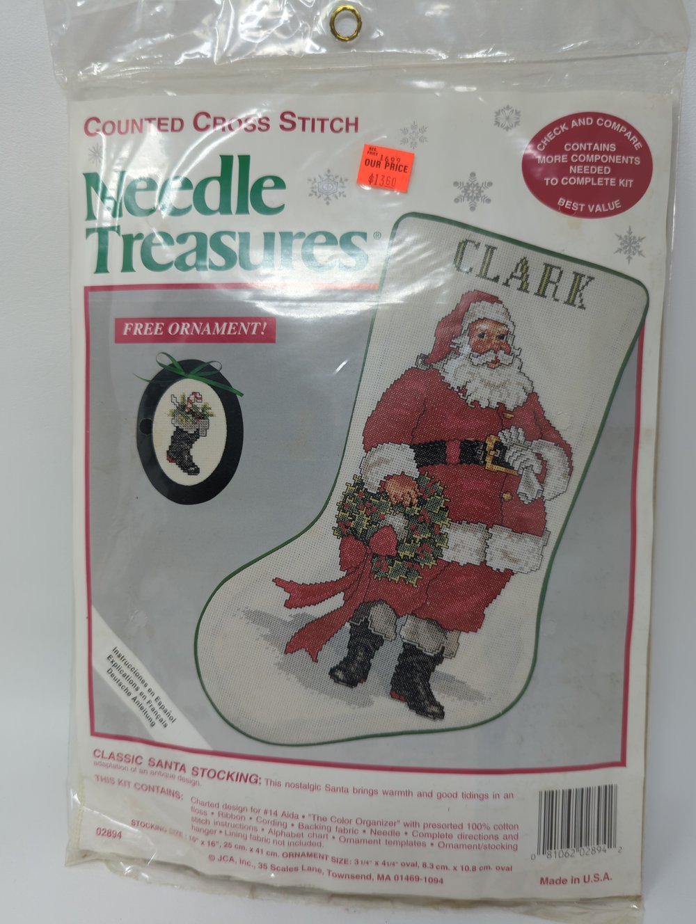 Sleigh Bell Santa counted cross stitch Stocking Kit, Needle Treasures,  Sealed