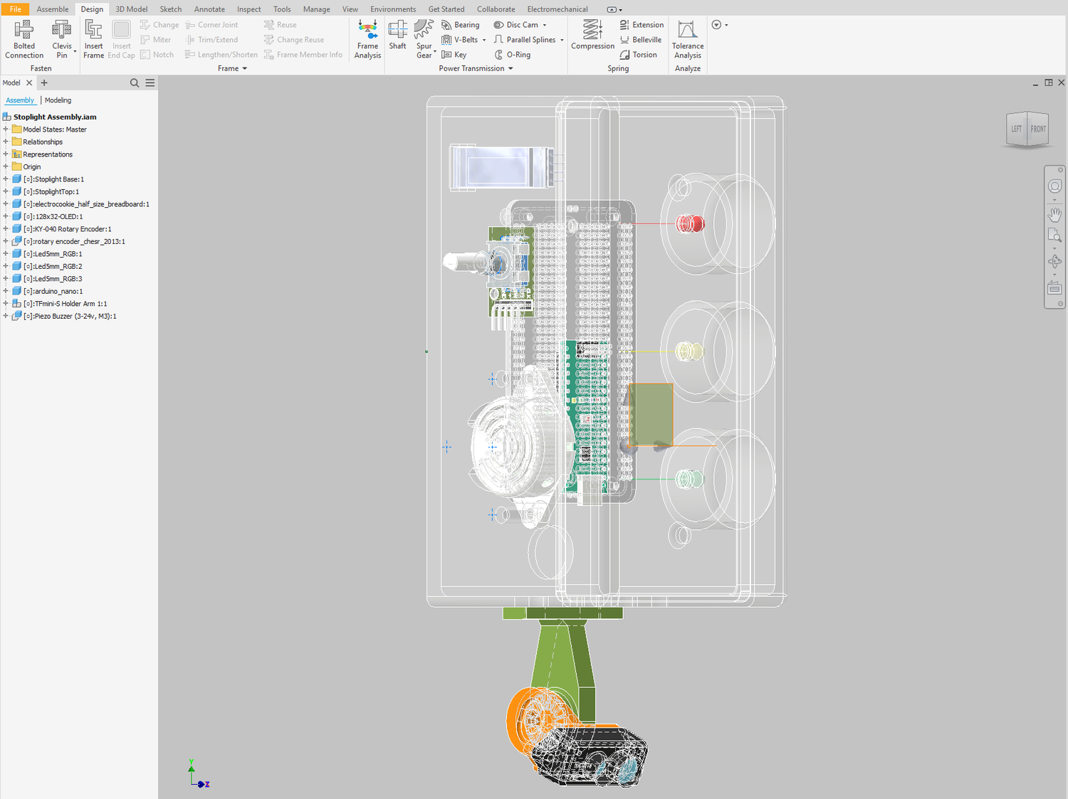 CAD assembly of an electronics enclosure with its circuit boards and mounting arm