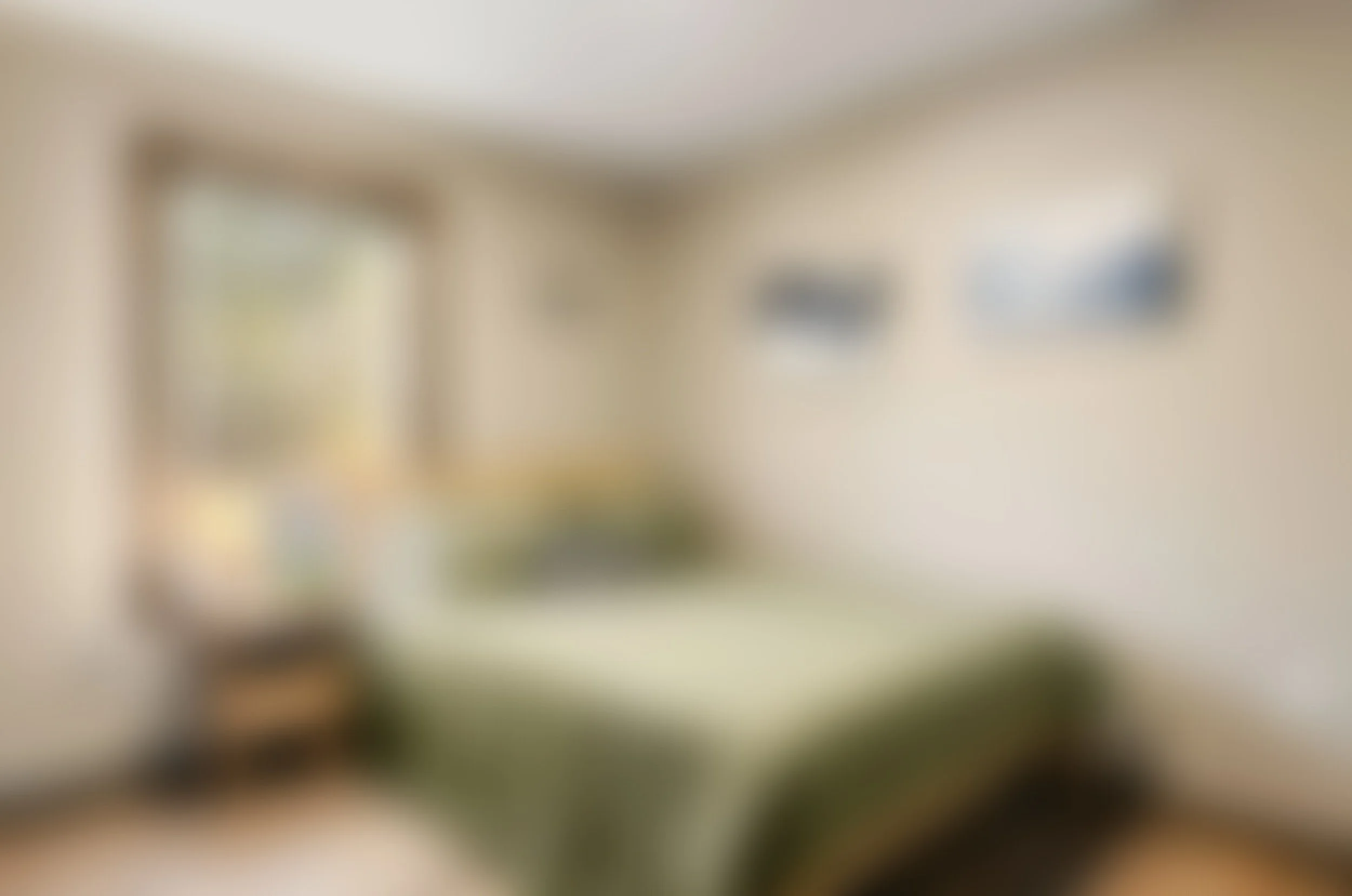 A bedroom with a bed covered in an olive green comforter and matching pillows. There is a small wooden nightstand with a lamp, a small plant, and some books. A large window with a wooden frame shows trees outside. The wall above the bed has two lands
