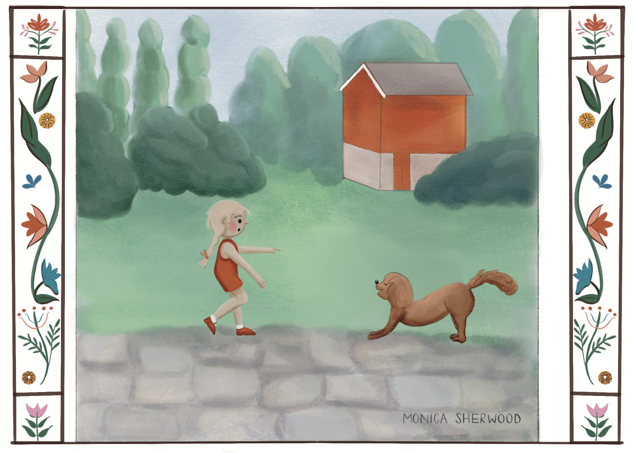 A girl with blonde hair and a red dress playing with a brown dog on a stone pathway in a green yard with bushes and trees, and a red barn in the background.