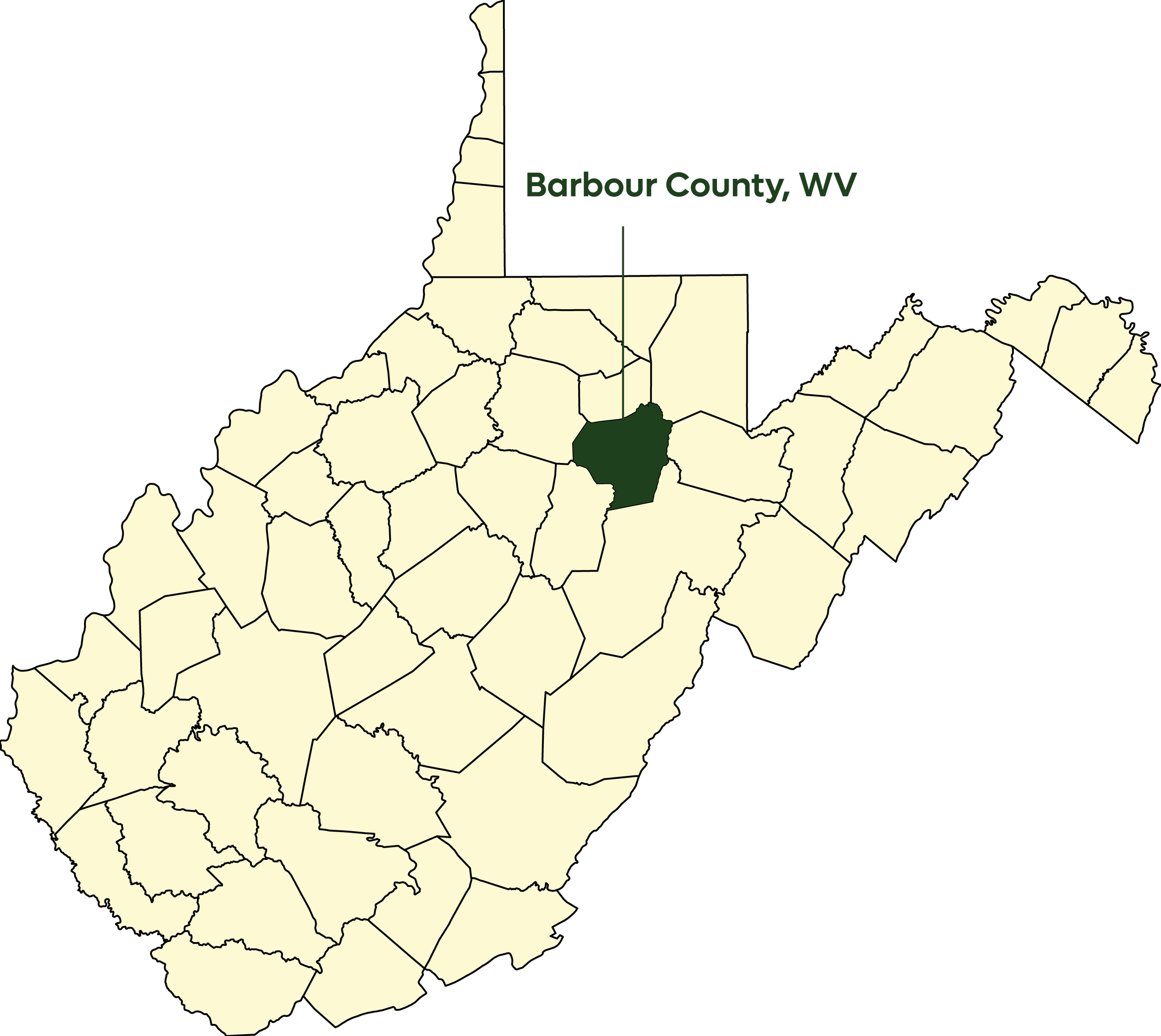 West Virginia state map with Barbour County highlighted and labeled