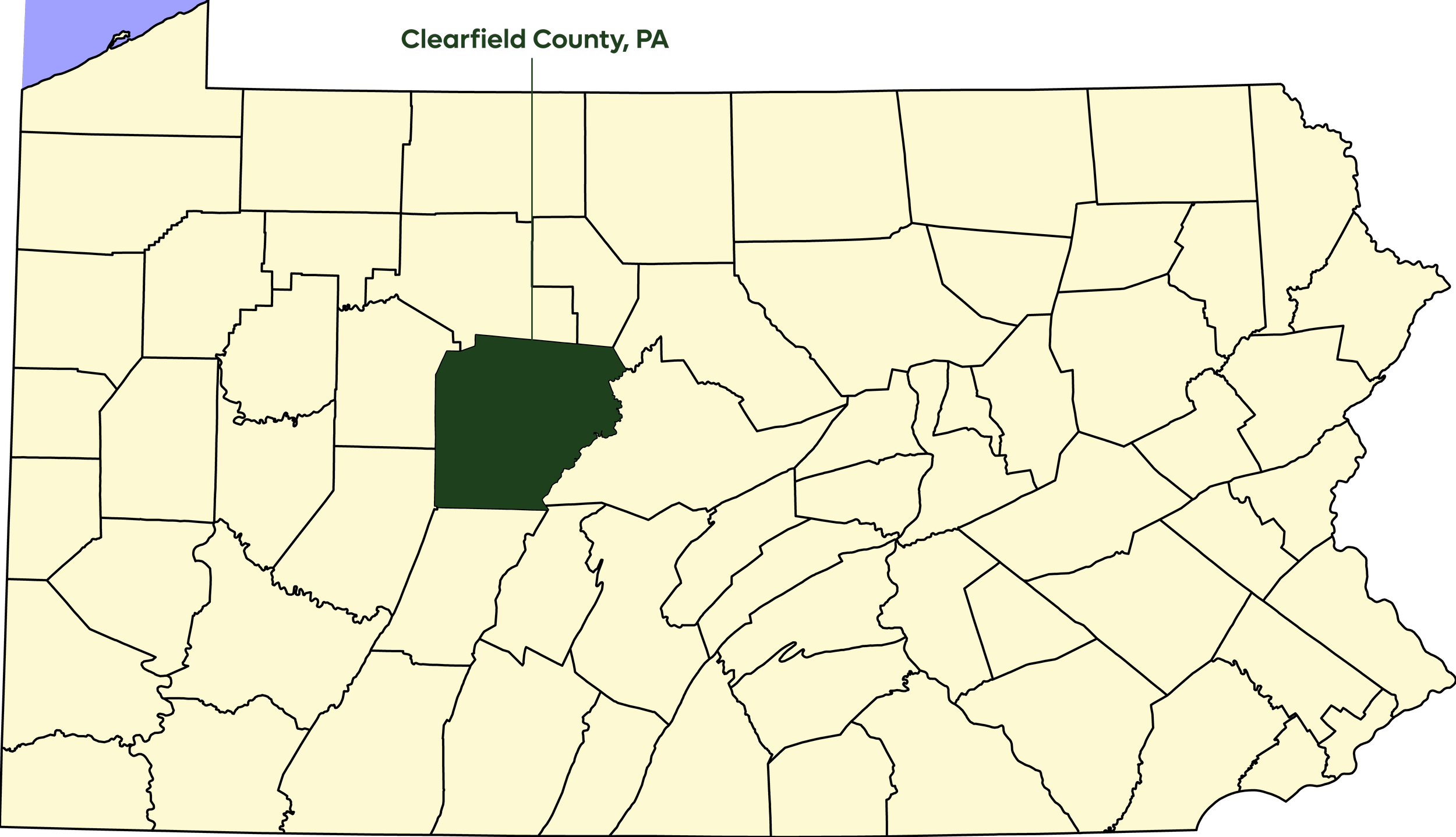 Pennsylvania state map with Clearfield County highlighted and labeled