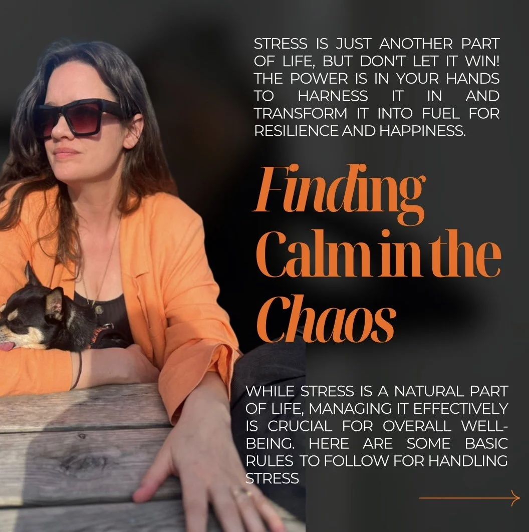 Psychotherapist, Suzanne Jode contemplating the stress responce and how she can help others. She's waring orange and has her small dog sat on her lap.  