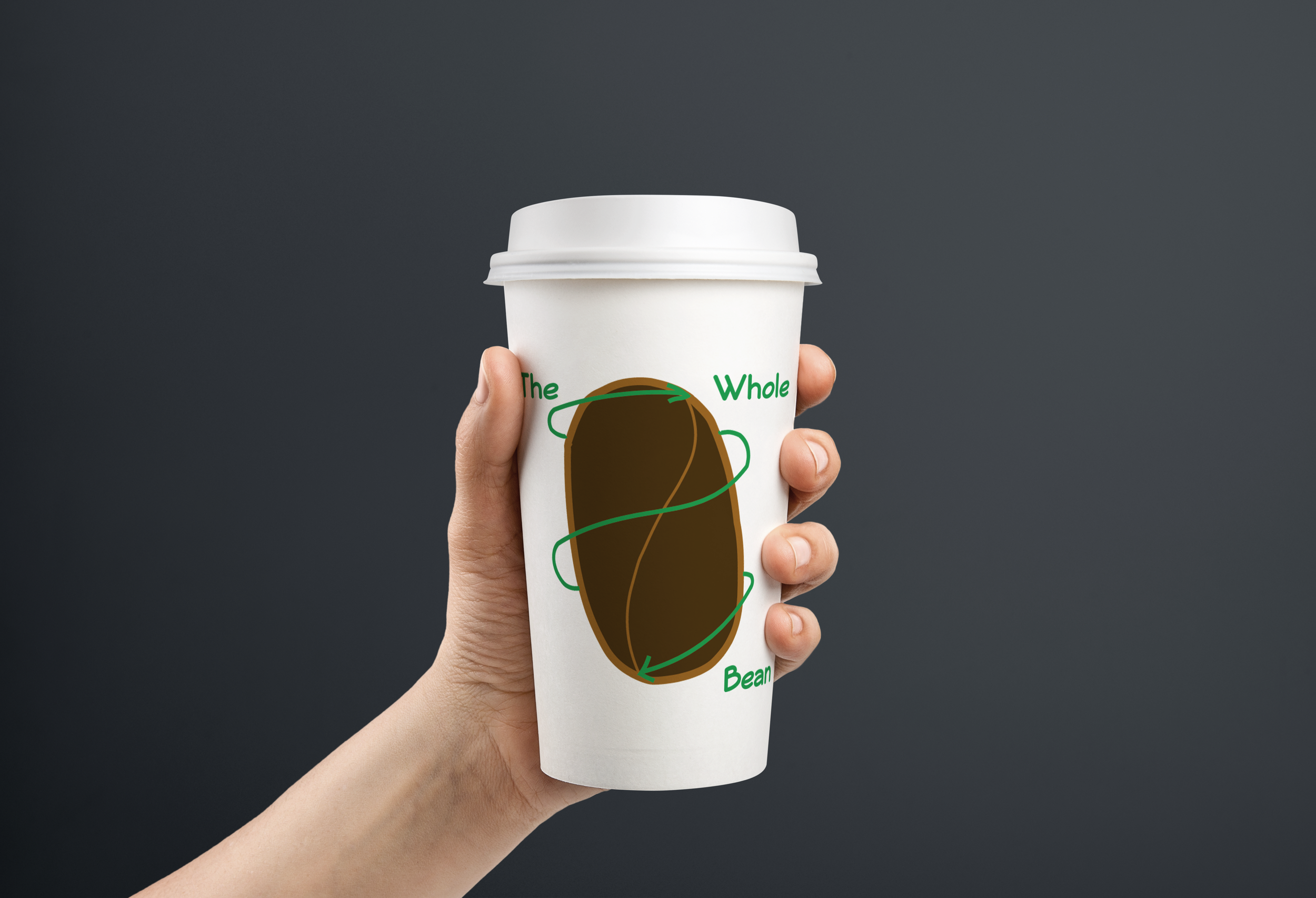 a hand holds a white coffee cup against a gray background