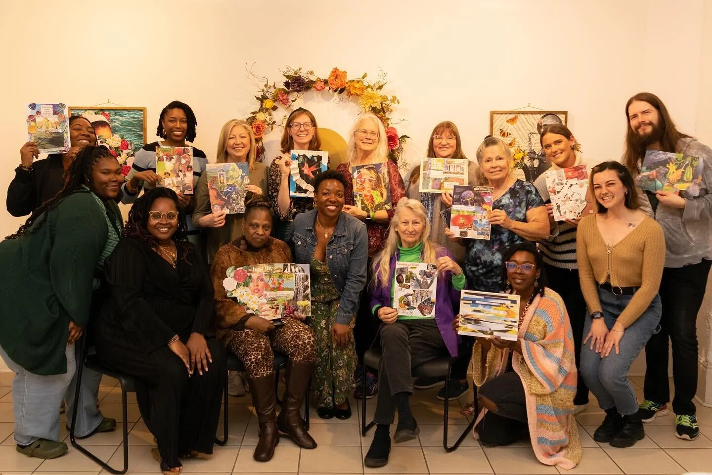 a group shot of our attendees and some of the beautiful collages from yesterday&rsquo;s mixed media workshop &mdash; getting to talk with you all about your creative processes was one of the most impactful parts of the event, and we think that everyo
