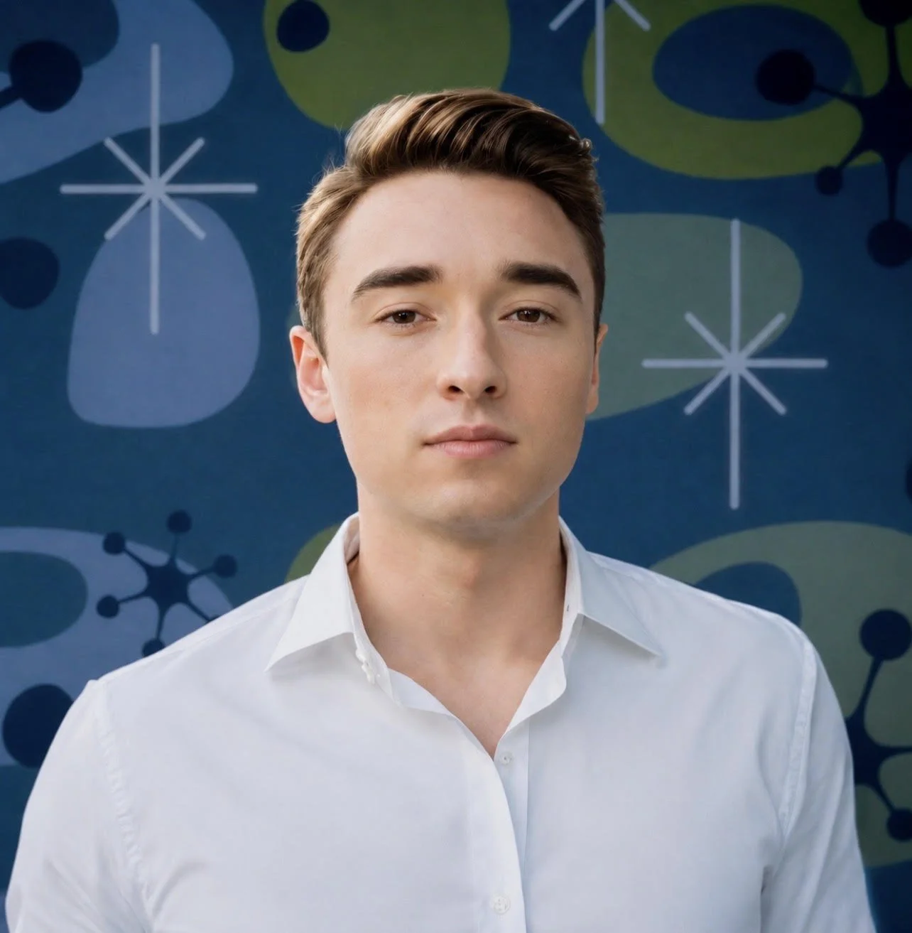 A young man with light skin, light brown hair, and a friendly smile, wearing a navy blue blazer over a light blue collared shirt, standing against a colorful retro-style patterned background with abstract shapes and starburst designs.