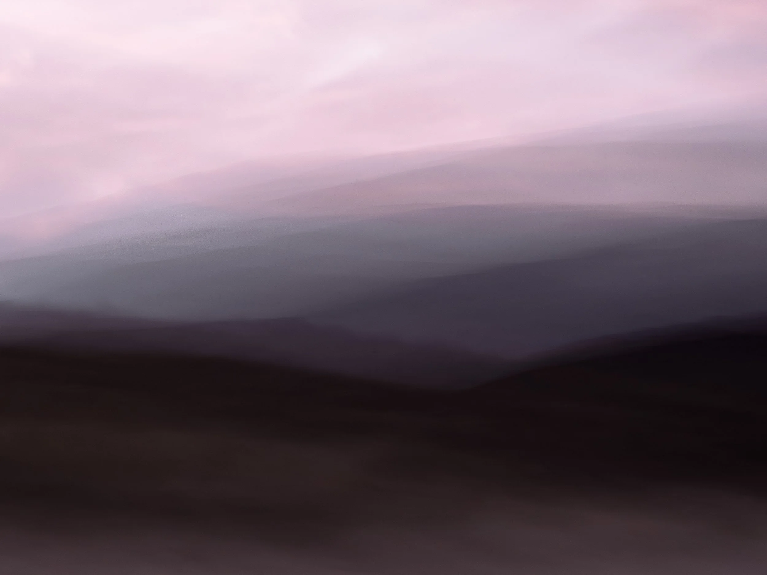 A captivating fine art landscape captured using Intentional Camera Movement (ICM), featuring rolling hills bathed in rich twilight hues of purple, lavender, and deep earthy shadows. The fluid, dreamlike composition evokes a sense of mystery and calm,